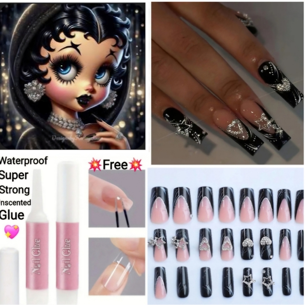 GlossySquare Black French Tip Press On Nails With3D Star Heart Rhinestone Charms
